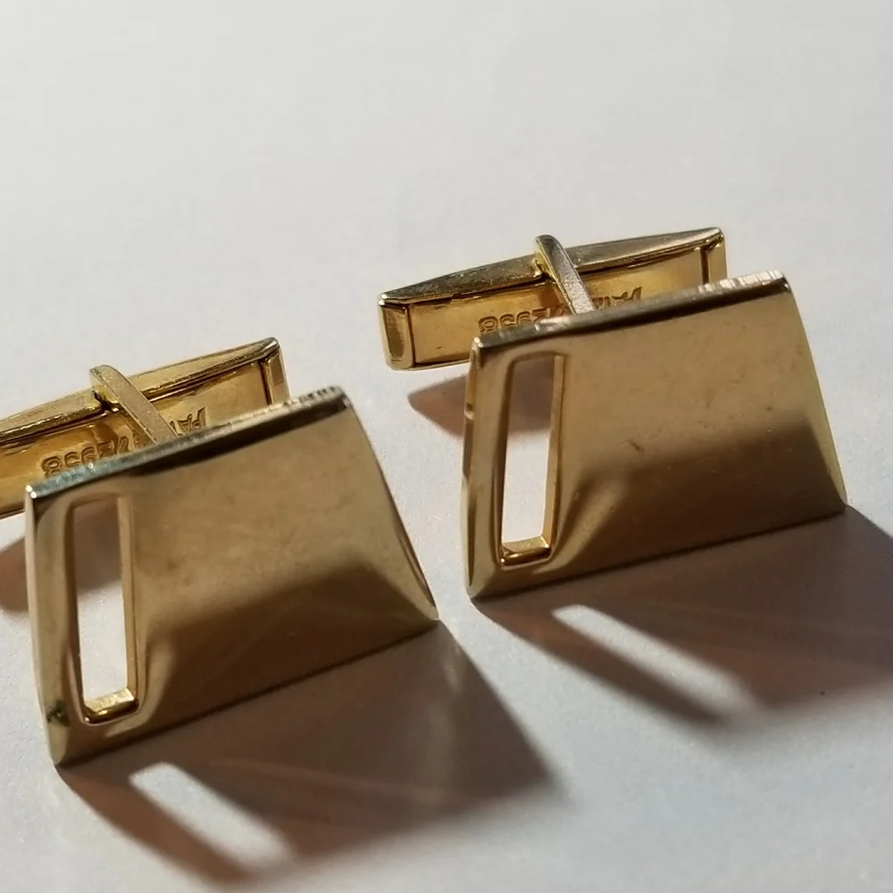 Vintage cuff links gold tone metal angled cutout cufflinks